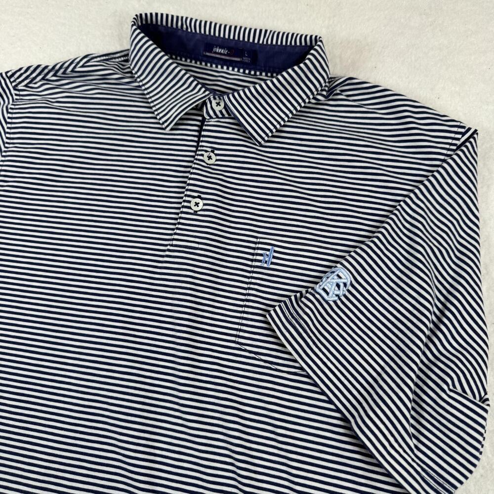 Johnnie-O Polo Shirt Mens Size L Blue Striped Pocket Stretch Casual Summer